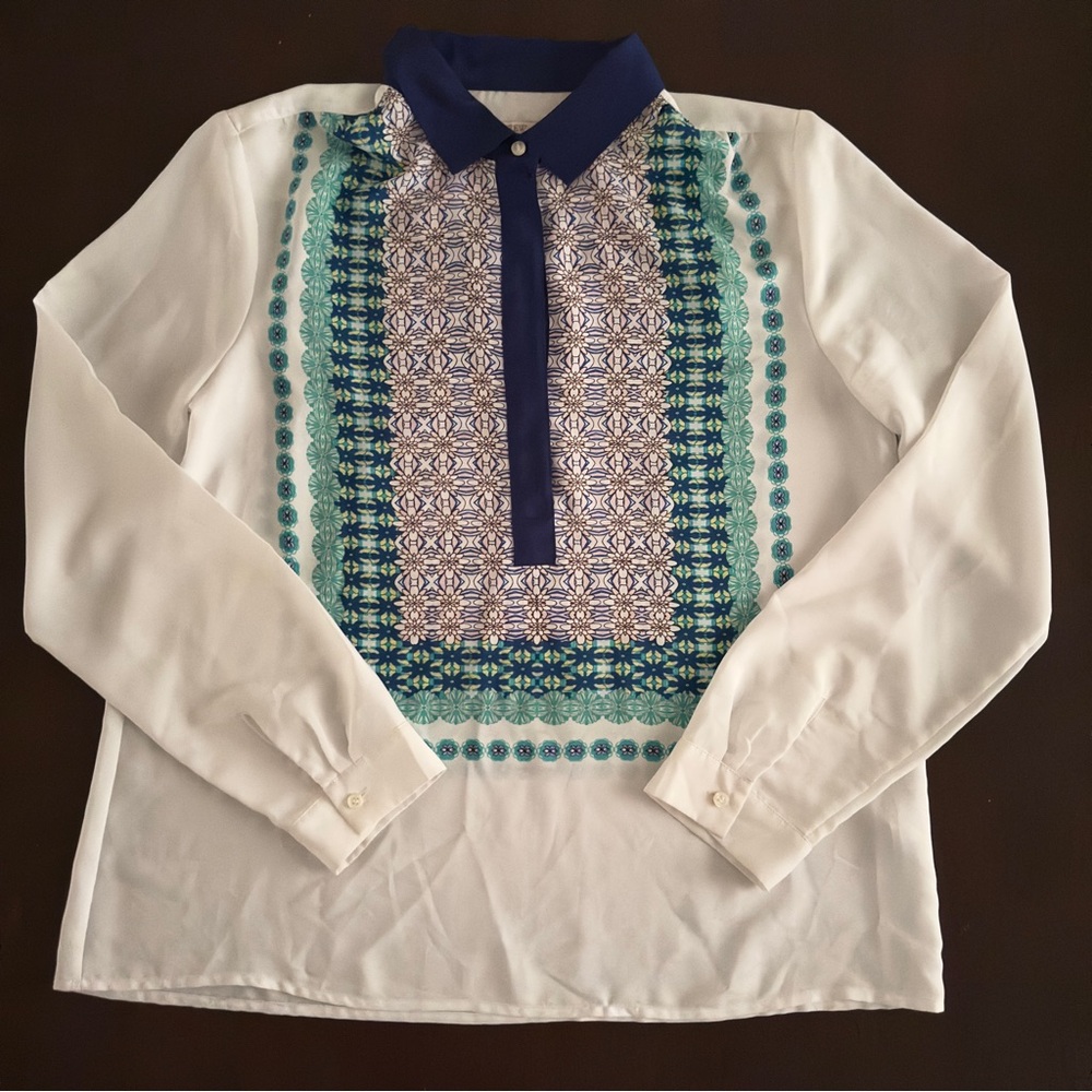 J.Crew Printed Blouse Size M Long Sleeve Blue White Pattern Top